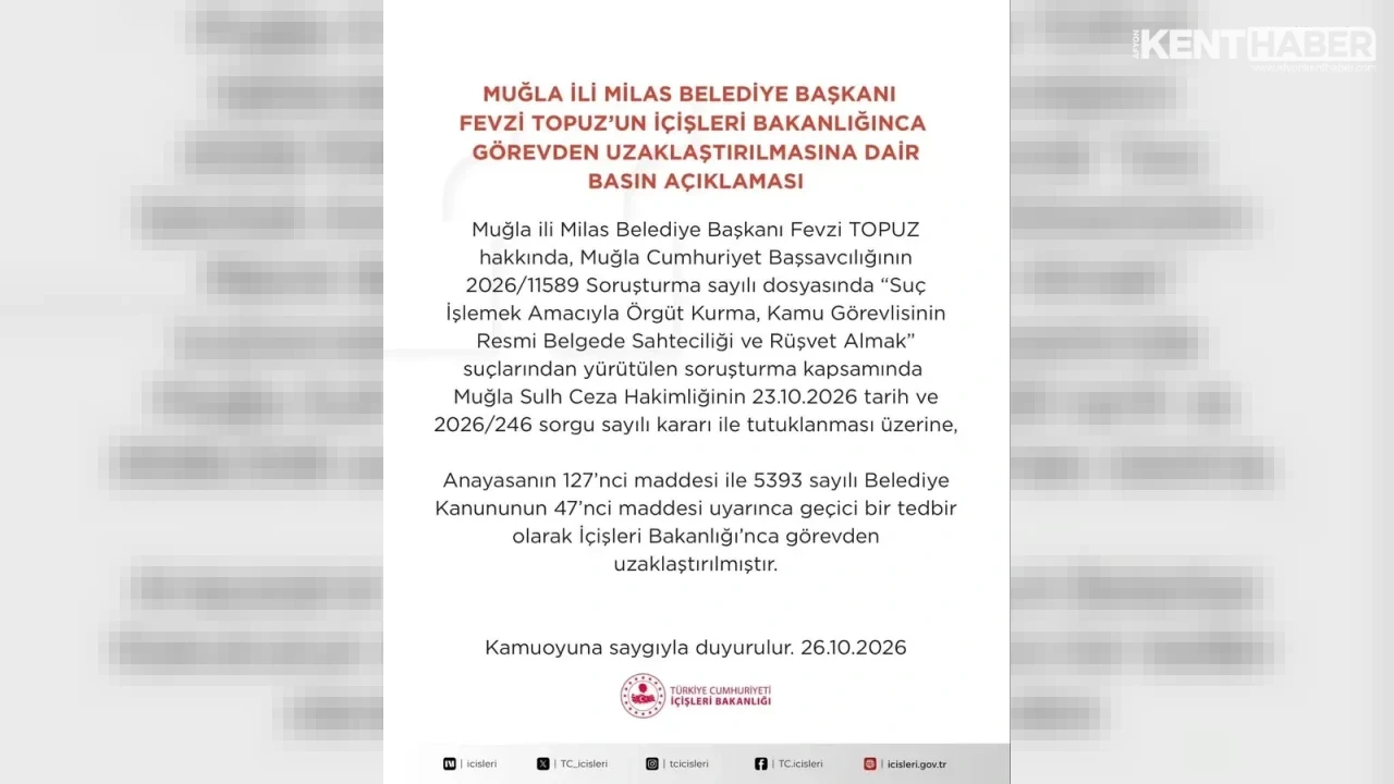Milas Belediye Başkanı Fevzi Topuz İçişleri Bakanlığı Kararıyla Görevden Uzaklaştırıldı