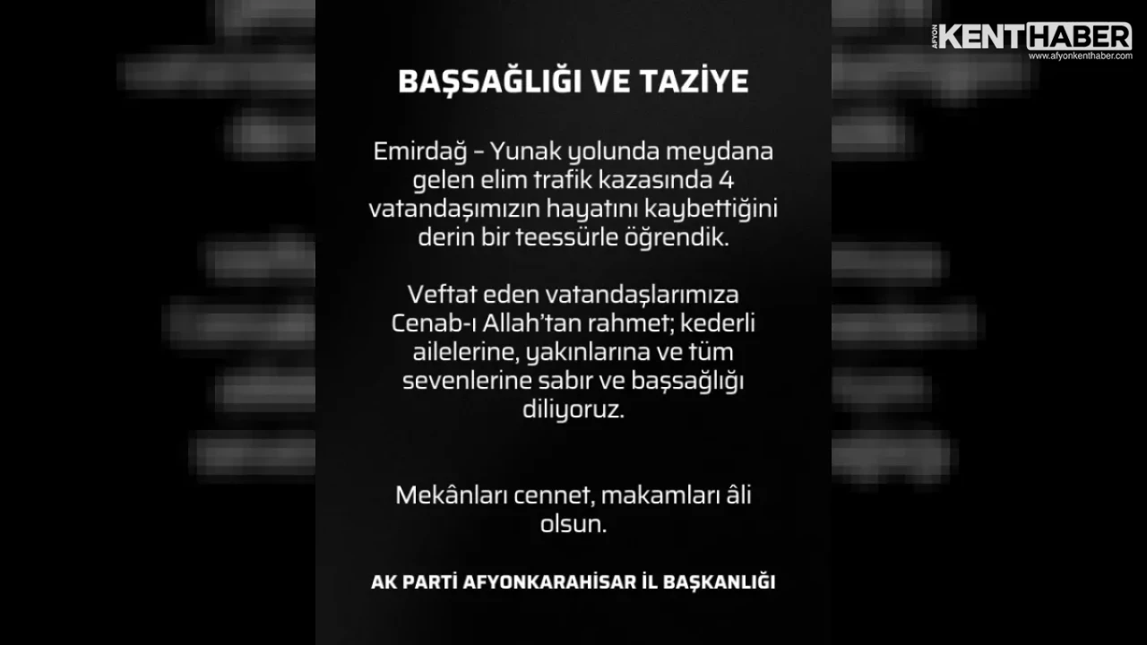 Emirdağ – Yunak Yolunda Meydana Gelen Elim Trafik Kazasında Dört Vatandaşımız Yaşamını Yitirdi