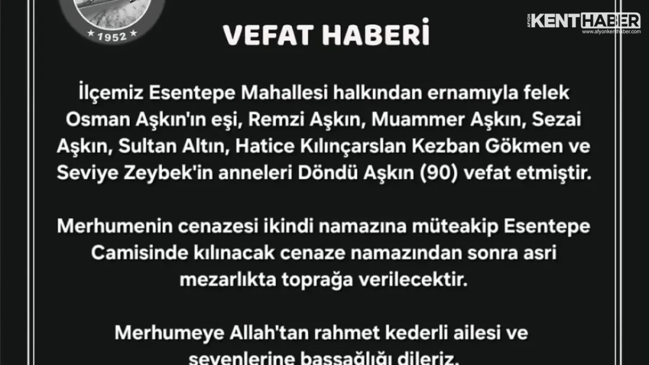 İscehisar’da Acı Kayıp: Esentepe Mahallesi Sakini Döndü Aşkın Vefat Etti